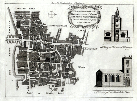 ANTIQUE MAP: A NEW AND ACCURATE PLAN OF BILLINGSGATE WARD, AND BRIDGE WARD WITHIN, DIVIDED INTO PARISHES FROM A LATE SURVEY.
