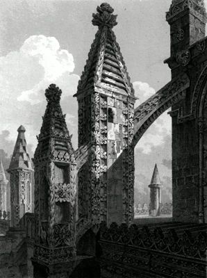 ANTIQUE PRINT: ROSLYN CHAPEL (VIEW OF BUTTRESSES, PINNACLES &C AT THE N. E. CORNER.)