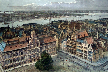 ANTIQUE PRINT: ANTWERP – THE TOWN-HALL AND THE SCHELDE.
