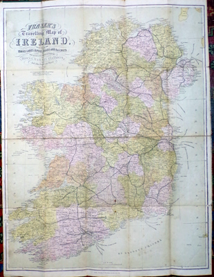ANTIQUE MAP: FRASER’S TRAVELLING MAP OF IRELAND, SHEWING ALL THE TOWNS, LAKES, RIVERS, ROADS AND RAILWAYS WITH THE DISTANCES MARKED BETWEEN ALL THE TOWNS, RAILWAY STATIONS AND OTHER IMPORTANT PLACES.