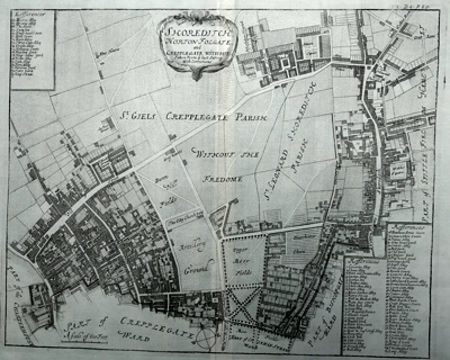 ANTIQUE MAP: SHOREDITCH. NORTON FOLGATE AND CREPPLEGATE WITHOUT. TAKEN FROM YE LAST SURVEY WITH CORRECTIONS.